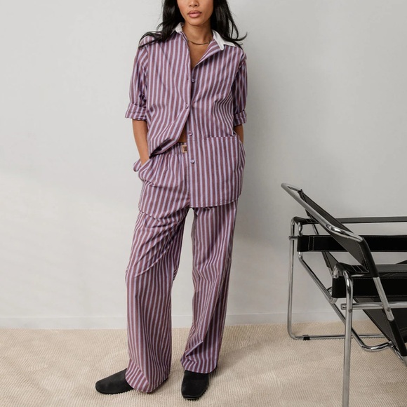 Airy cotton curved hem shirt and short set